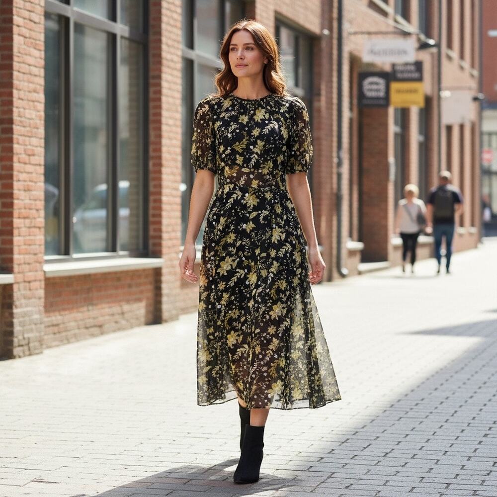 J.Crew Dress Midi Open-back metallic clip-dot dress in golden floral size 6 NWT